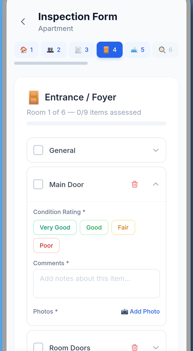 Room-by-room inspection screen in the MeInspect app