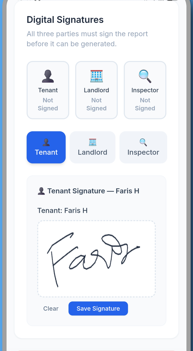 Digital signatures screen in the MeInspect app