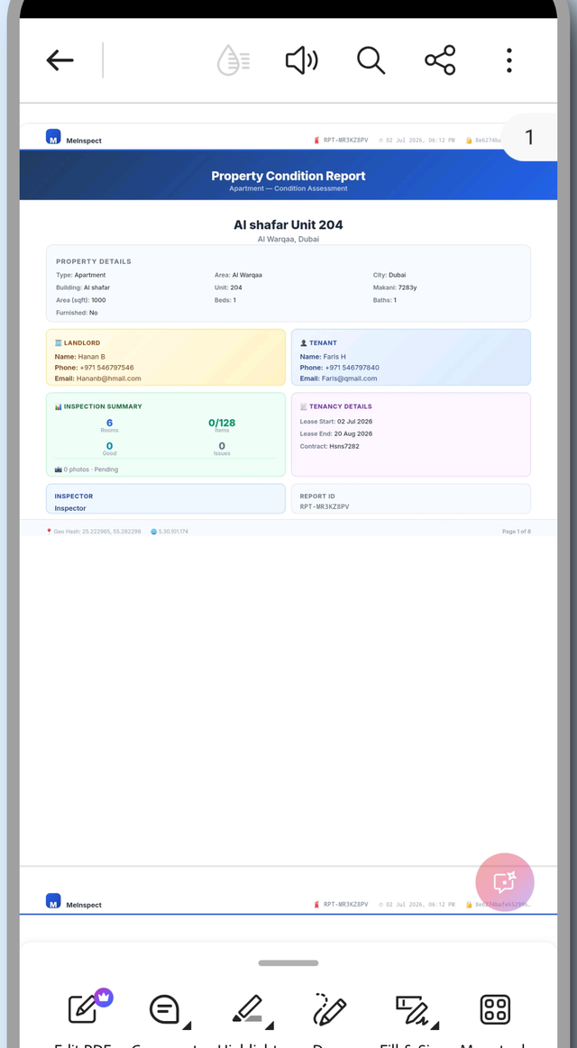 Generated Property Condition Report PDF in the MeInspect app